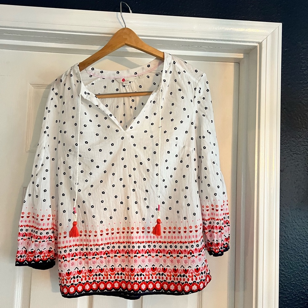 Boden White Blouse with Red and Black Pattern
